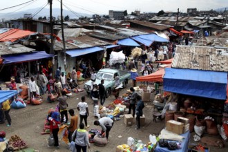 Aerial view of a busy market full of people and stalls, Addis Ababa, Mercato, Ethiopia