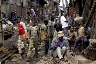 Craftsmen work on metal work on the busy Mercato in Addis Ababa, Addis Ababa, Ethiopia