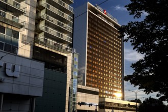 Tall modern hotel building in central Tallinn in the evening sun, Tallinn, Harju, Estonia