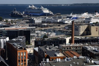 View of Tallinn harbour with cruise ships and industrial buildings on the waterfront, Tallinn,