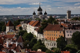 View of St. Olaf's Church and Cathedral Hill in Tallinn with historic buildings under a cloudy sky,