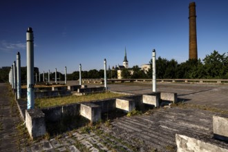 Abandoned town hall (Linnahall) with a view of Tallinn's skyline, Tallinn, Kelmiküla, Estonia
