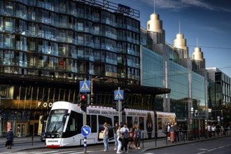 Modern glass architecture in Tallinn city center on Narva Maantee with tram traffic, Tallinn,