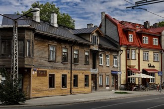 Historic wooden buildings in Kelmiküla, Tallinn, on a quiet street, Tallinn, Harju, Estonia