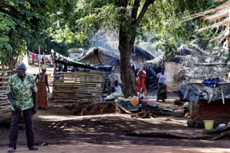 Scene in a village with traditional huts under shady trees and people active in the background,