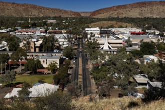 View from ANZAC Hill of the town of Alice Springs with central road and surrounding area, Alice