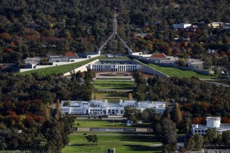 Detailed view of Parliament grounds and surrounding gardens from Mount Ainslie Lookout, Canberra,