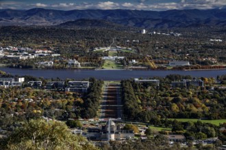 View across the river to Commonwealth Avenue and Parliament House in Canberra, Canberra, Australian