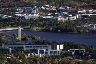 View from Mount Ainslie across the river and western suburbs of Canberra with autumn trees,