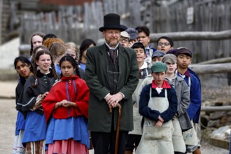 School class in period costumes with a teacher in Sovereign Hill, Ballarat, Ballarat, Victoria,