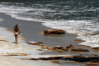 Woman walking along sandy Cable Beach with ocean waves and driftwood in the background, Broome,
