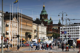 View from Kauppatori of Uspenski Cathedral along the bustling Eteläranta in Helsinki, Helsinki,