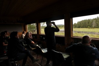 People watch nature from a bear watching lodge, Karhu, Kuusamo, Finland