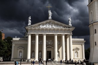 Front view of Vilnius Cathedral under dramatic sky, Vilnius, Lithuania