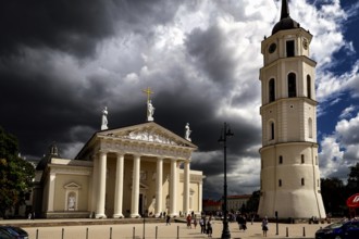 Vilnius Cathedral with an imposing bell tower under a dramatic sky, Vilnius, Lithuania