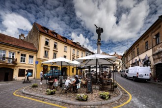 Center of Uzupis with angel statue, café and historic flair, Vilnius, Vilnius County, Lithuania