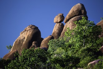 Steeply rising rocks surrounded by lush vegetation under bright blue skies, Babile, Oromia,