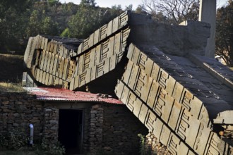 Collapsed ancient structures in Axum Stelenpark, Axum, Tigray, Ethiopia