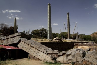 Collapsed and standing steles in Axum's Stele Park under clear skies, Axum, Tigray, Ethiopia