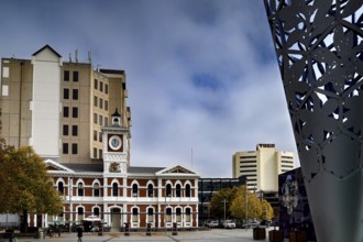 View of Cathedral Square in Christchurch with tower and modern structure, Christchurch, Canterbury,