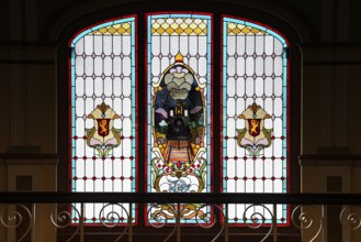 Magnificent colorful window in Dunedin train station with ornate stained glass, Dunedin, null, New