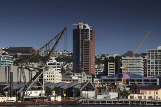 Industrial crane next to modern urban architecture on Wellington Waterfront, Wellington, New