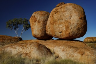 Two big rocks on top of each other, lonely tree next to it, blue sky, quiet atmosphere, zero