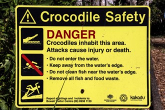 Crocodile safety warning sign in Kakadu National Park, Kakadu National Park, Northern Territory,