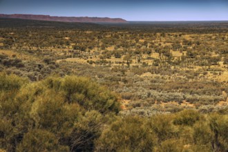 View of a vast, semi-desert landscape with scattered scrubland and clear sky, zero