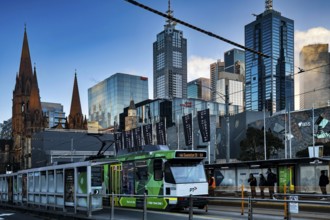 Modern skyscrapers and streetcar next to Federation Square in Melbourne, Melbourne, Victoria,