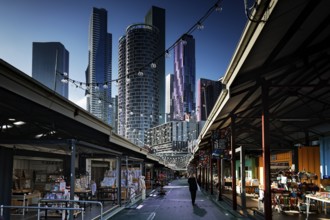 Queen Victoria Market with a view of Melbourne's skyline in daylight, Melbourne, Victoria,