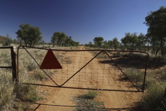 Metal gate on sandy desert road with trees in background