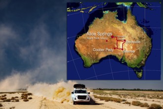 Vehicle on dusty desert road with map of Australian outback