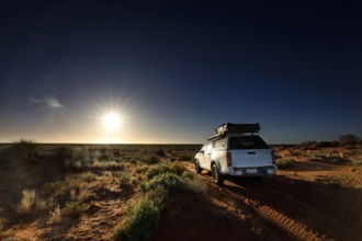 Off-road vehicle on sandy track in Simpson Desert, illuminated by sunrise, Simpson Desert, Northern