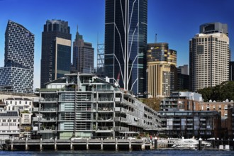 Modern buildings and skyscrapers at Walsh Bay in Sydney right on the waterfront, Sydney, NSW,