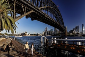 People stroll under Harbour Bridge overlooking Opera House, Sydney, New South Wales, Australia