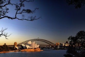 Sydney Opera House and Harbour Bridge at sunrise against blue sky, Sydney, New South Wales,