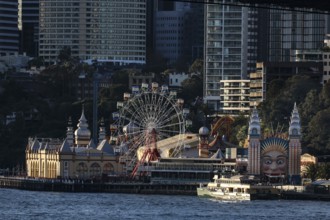 Luna Park amusement park with ferris wheel and distinctive waterside entrances, Sydney, New South