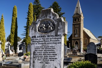 The Langmeil Lutheran cemetery with tombstones in front of a church in Tanunda, Tanunda, South