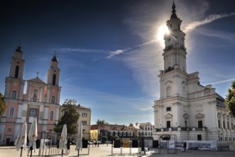 Town Hall and St. Francis Xavier Church in bright sunlight on Town Hall Square, Rathausplatz,