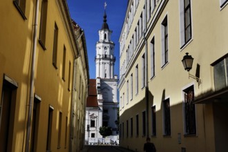 Kaunas Town Hall viewed through a shady alley on sunny Town Hall Square, Rathausplatz,