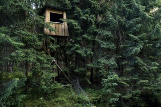 Abandoned watchtower in the green forest of Grutas Park in Druskininkai, Druskininkai, Lithuania
