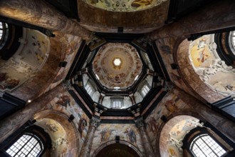 Baroque interior view of Pažaislis monastery in Kaunas with richly decorated frescoes, Kaunas,
