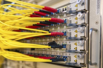 Yellow cables are plugged into a technical connection panel, Fiberglass-ground-breaking ceremony,