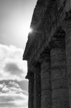 Elymian Doric Temple, ruin, monochrome, sunbeams, ancient city of Segesta, archaeological site,