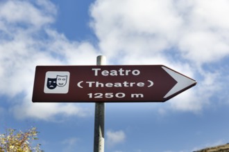 Theatre sign, road sign, ancient city of Segesta, archaeological site, Calatafimi, Trapani
