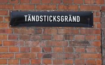 Street sign Tändsticksgränd on brick wall, Tändsticksmuseet match museum or match museum,