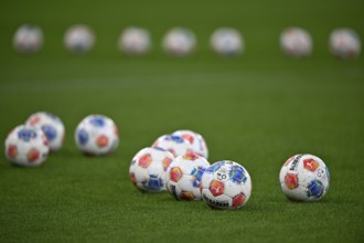 Adidas Derbystar game balls are lying on grass, PreZero Arena, Sinsheim, Baden-Württemberg, Germany
