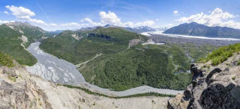 Panorama, view of impressive mountain landscape with Matanuska River and Matanuska Glacier tongue,