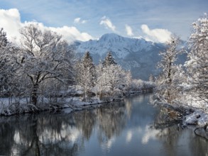Winter landscape, Loisach with Herzogstand in winter, Alps, Upper Bavaria, Germany/Loisach river